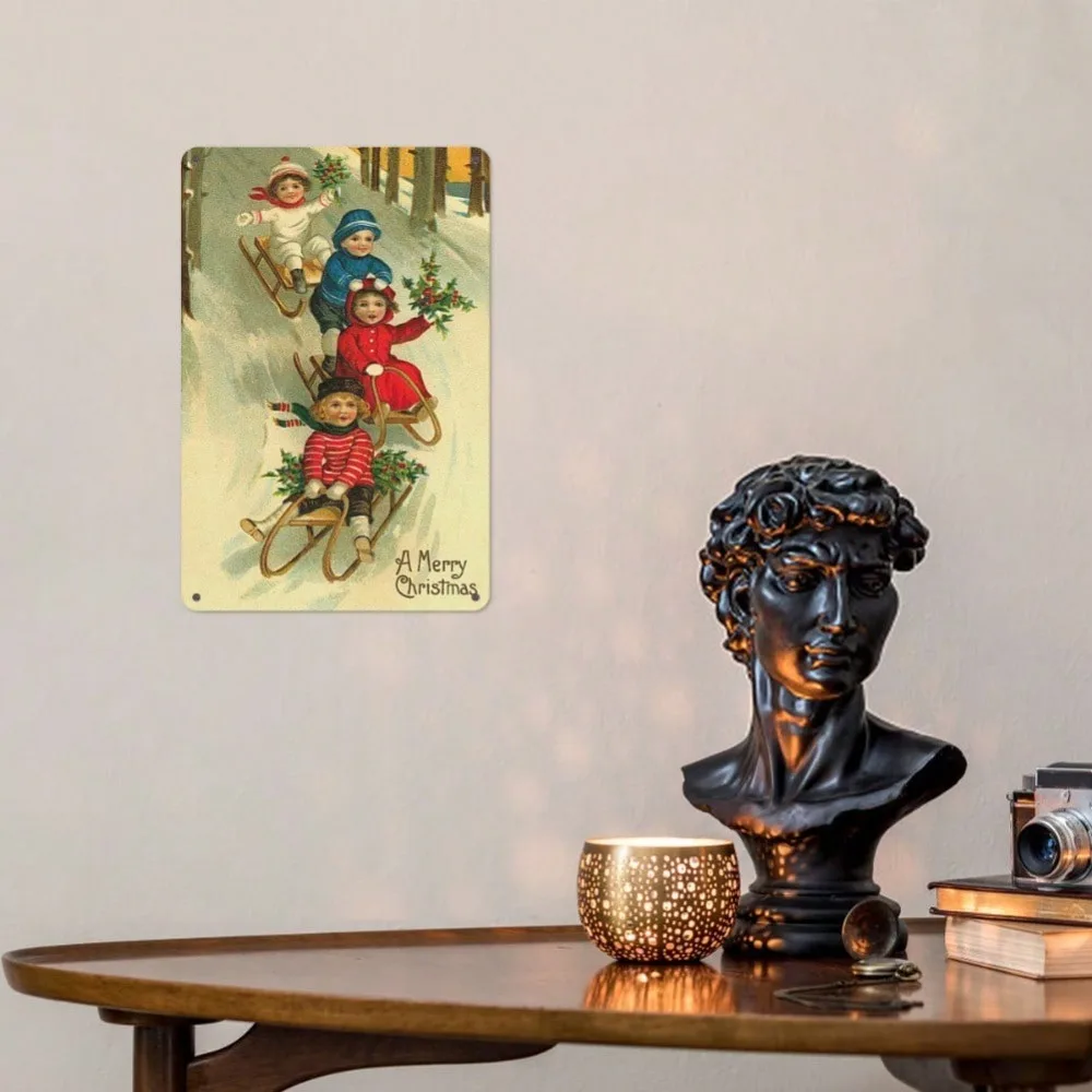 لافتة قصدير معدنية عتيقة لعيد الميلاد مقاس 12 × 8 بوصة - ديكور حائط ريفية للأطفال على زلاجات عيد ميلاد سعيد، شريط منزلي متين للاستخدام الداخلي والخارجي Ca