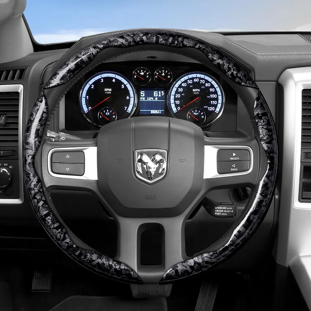 Suitable for Ram Forged Carbon Fiber Texture Steering Wheel Cover, Durable Snap-On Quick Installation for Pickup Promaster Rampage 1500 2500 3500 4000 4500 5500 700 1000, Black, Red, Gold Car Interior Accessories