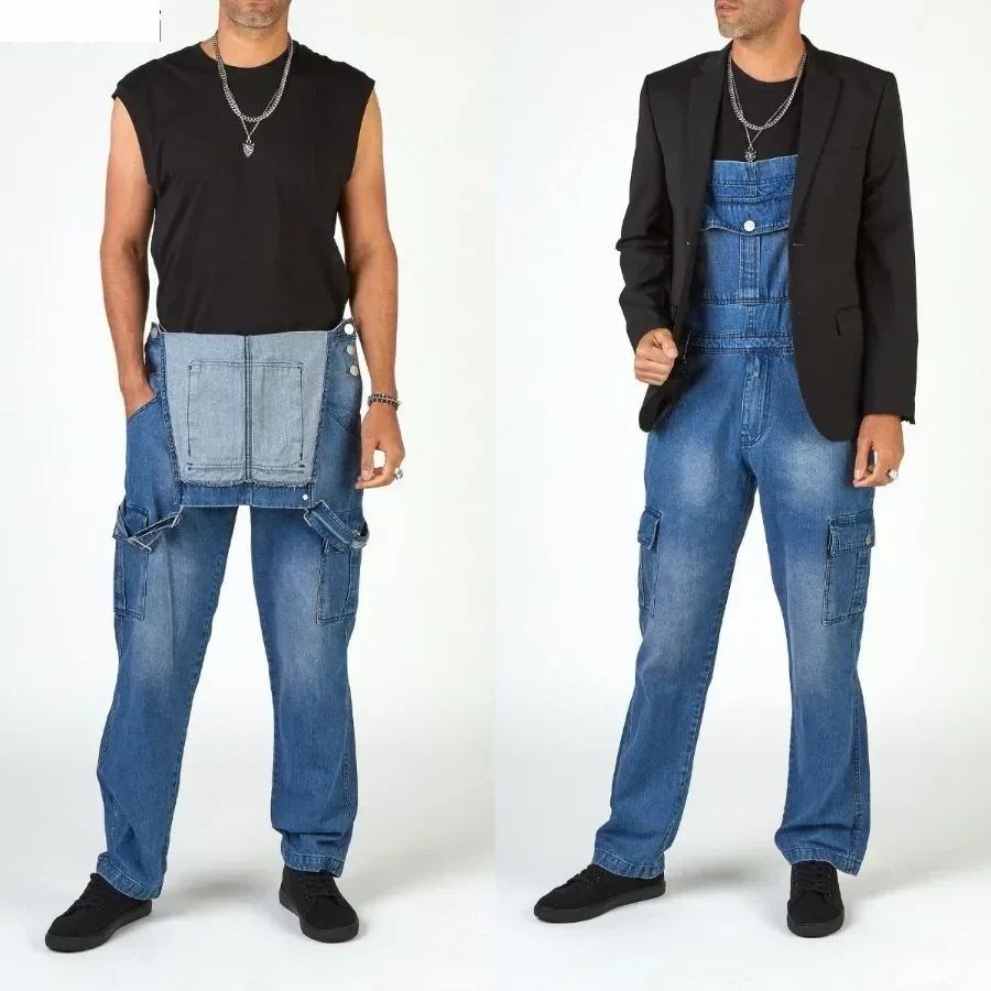Men's Denim Straps Long Pants Multiple Pockets Men Denim Bib Blue Cargo Pants Fashion Pocket Jumpsuits Casual Jeans for Men