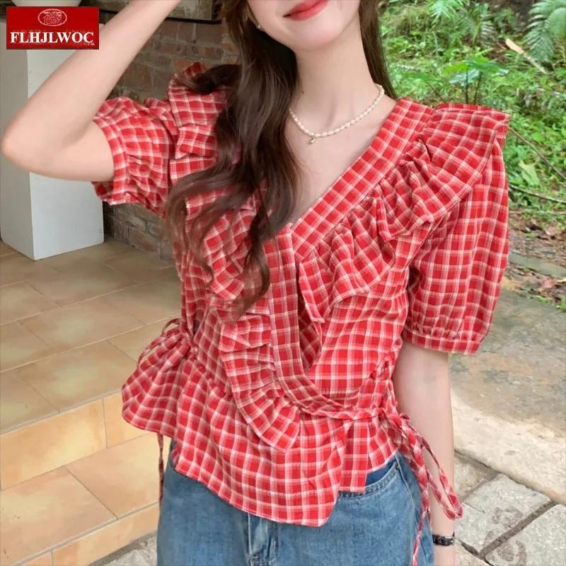 Blusas femininas com cadarço, blusas fofas para férias, data, meninas, retrô, verão, manga curta, babados, peplum, camisas xadrez vermelhas, 2025
