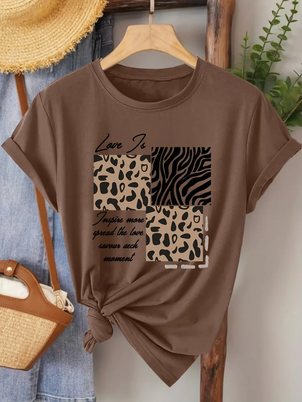 Vintage Letter Leopard Graphics Print Casual Summer Women's Short Sleeve T-Shirt Round Neck Y2k Tops Versatile Female Clothing