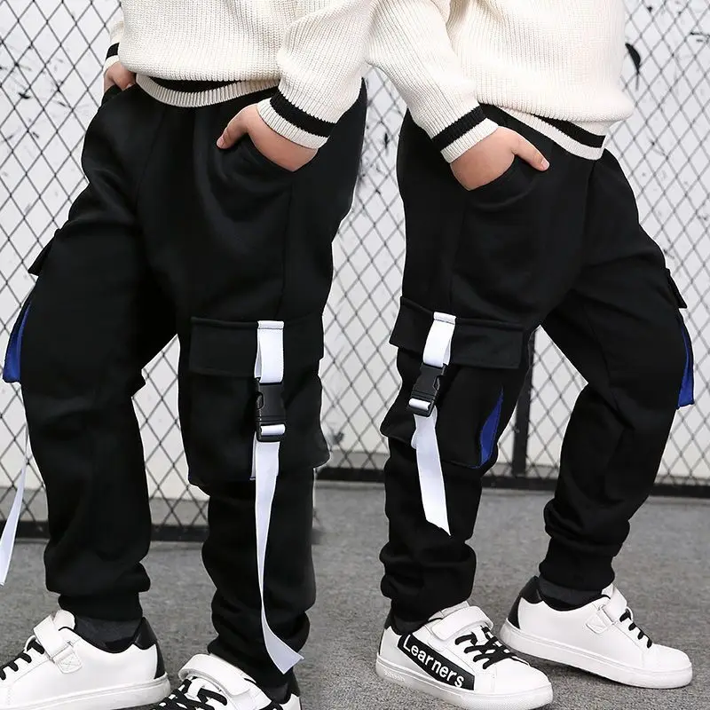 

Boys Pants Casual Sweatpants Teenage Boys Elastic Waist Multi-Pocket Fashion Korean Children Long Pants For 3-14 Years