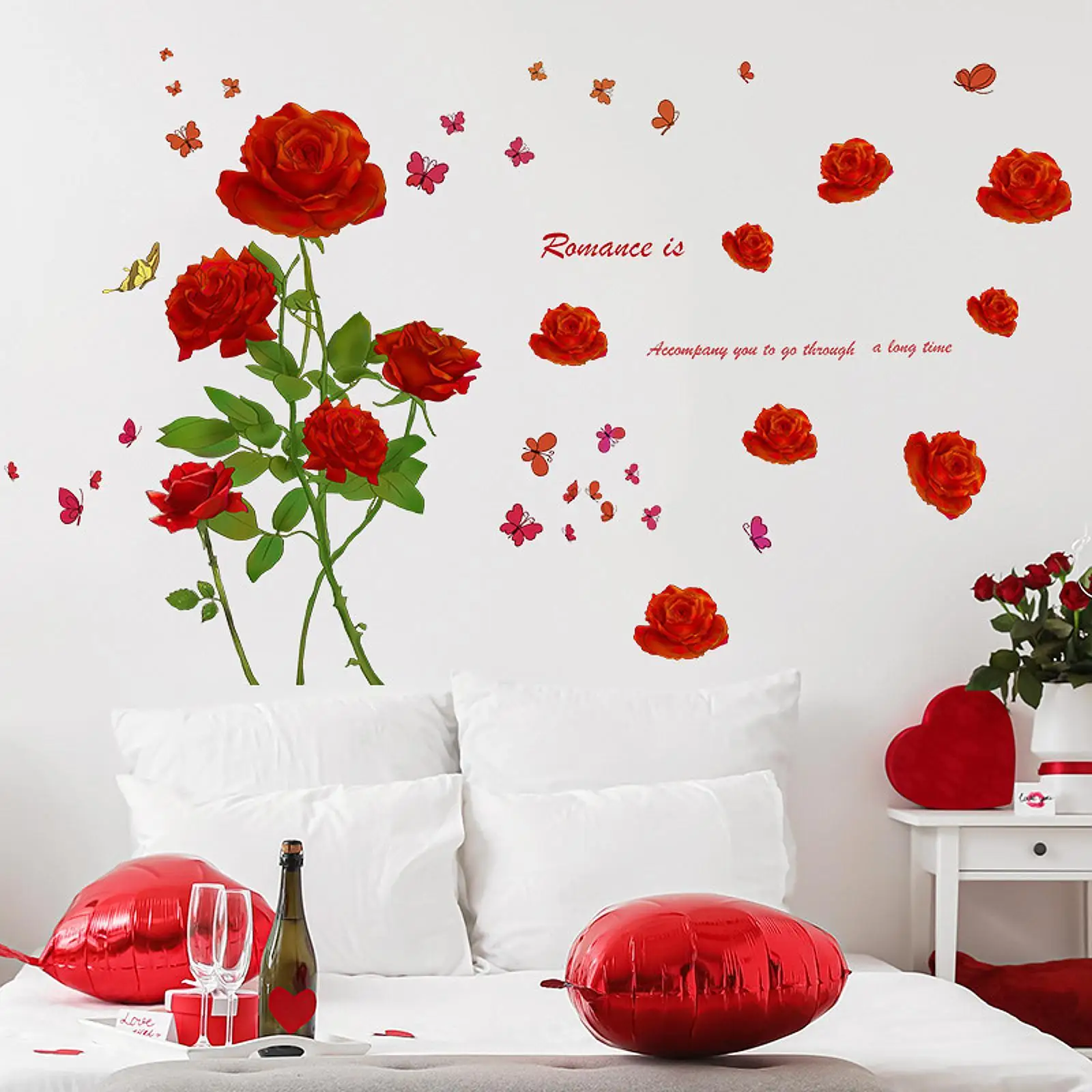 2x Rose Flower Wall Sticker Decals Anniversary Waterproof PVC Wallpapers Art Murals for Door Holiday Dining Room School Restroom