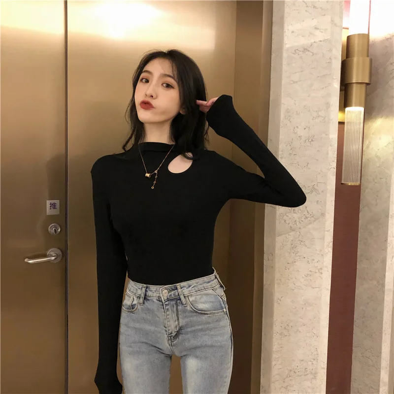 Korean Fashion Hollow Out T-shirt Women Crop Tops Vintage Kpop Y2K Tees Shirts Sexy Slim Cheap Clothes Woman Autumn Tshirts