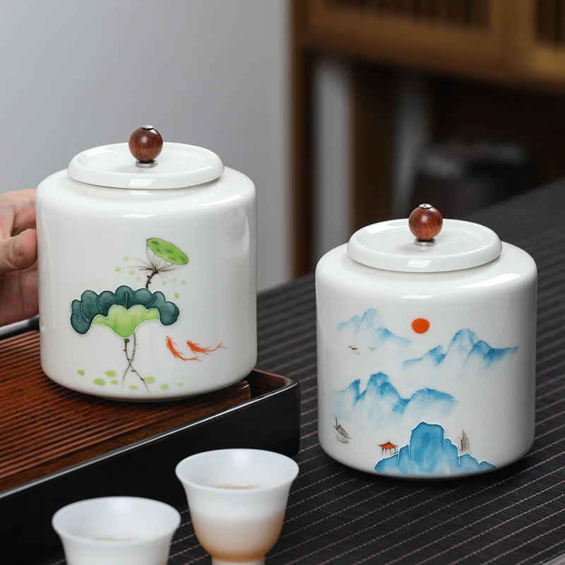 Ceramic Airtight Jar Lid Tea Landscape Grains Storage Bottle Kitchen Container