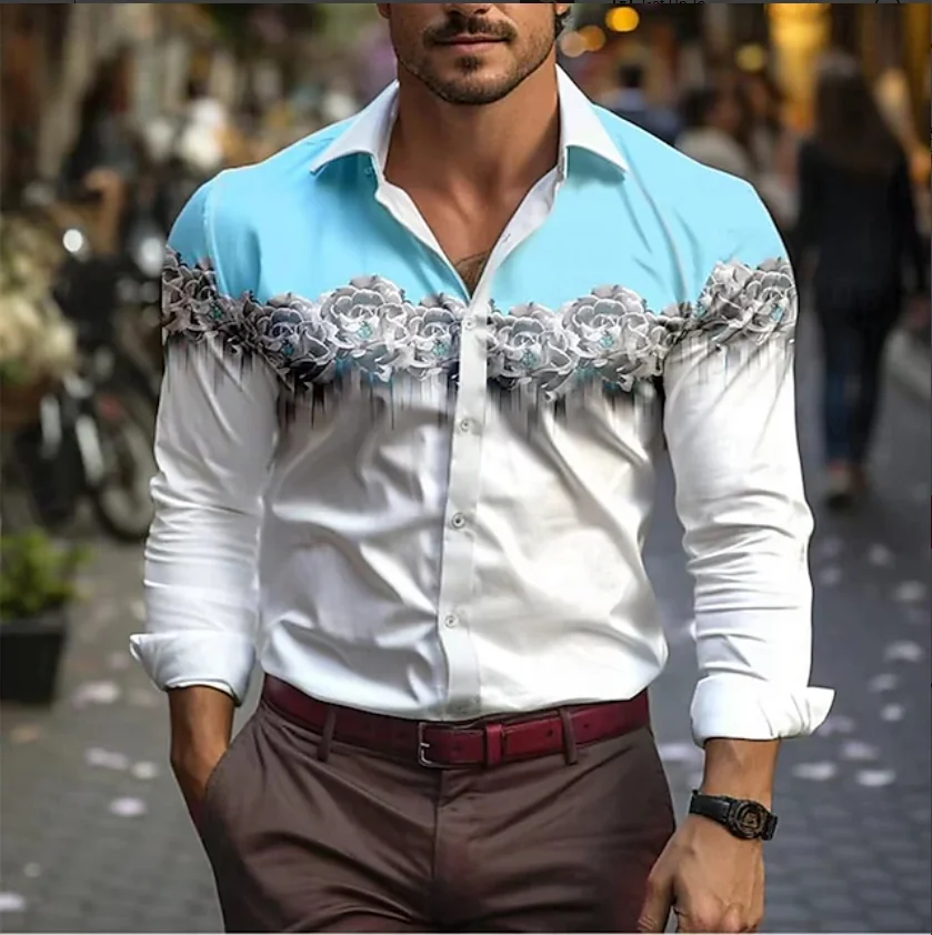 Men's Shirt Collar Shirt Men's 3D Printing Irregular Geometric Printing Casual Long Sleeve Fashion Printed Shirt Male Top