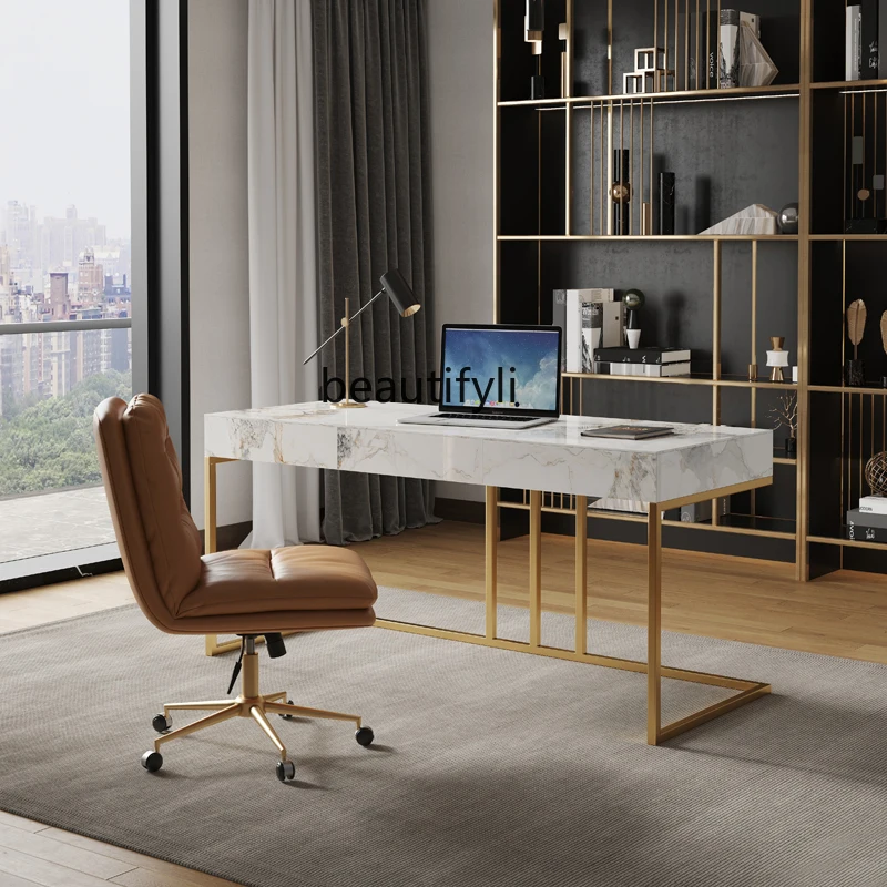 Light Luxury Minimalist Stone Plate Desk Modern Minimalist Advanced Design Study Desk Solid Wood Home Computer Table