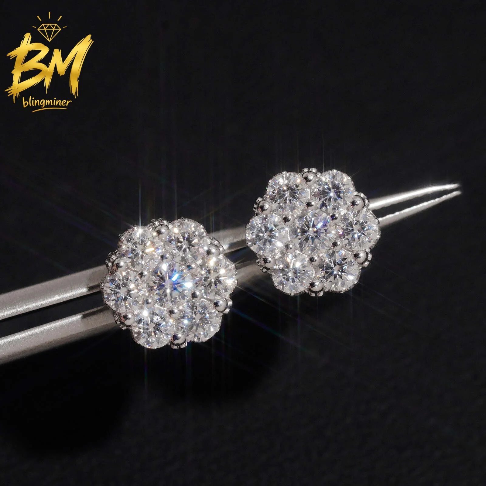 Blingminer Iced Out Flower VVS Moissanite Earrings For Men Women S925 Silver Ear Studs Jewelry Pass Diamonds Tester Free Shippin