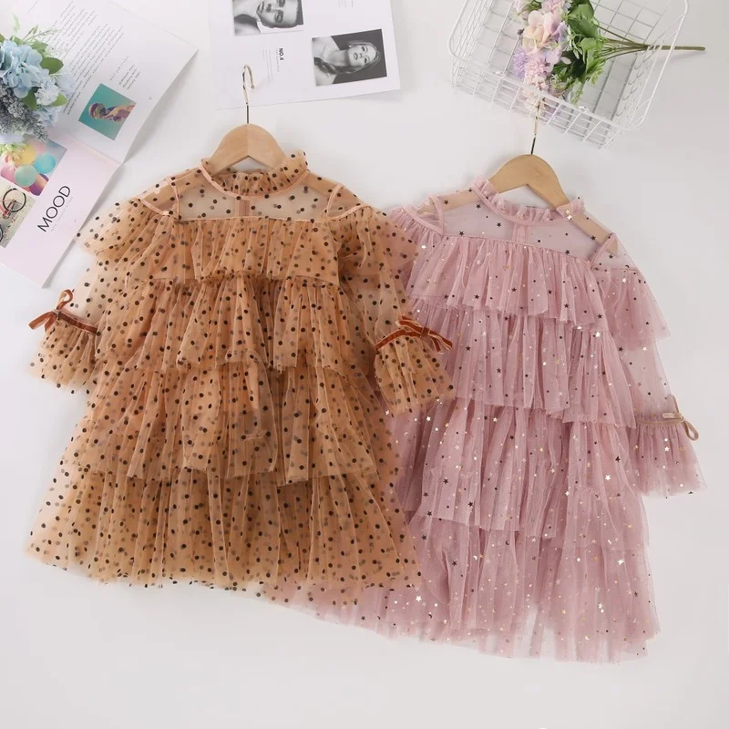 2022 New Girls Dress Stars Sequins Layered Dress Kids Princess Dresses Fashion Children\'s Clothing Sexy Mesh Tutu Skirts Girl