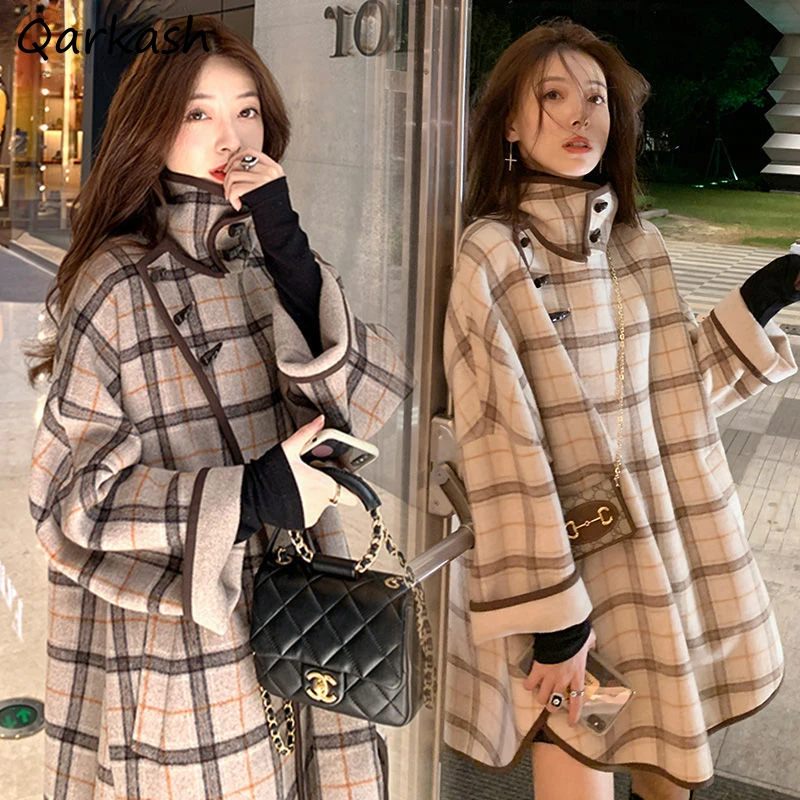 

Plaid Woolen Blends Women Gentle Loose Turtleneck Warm Winter Coat Streetwear Aesthetic Sweet Office Lady Fashion Daily Ulzzang