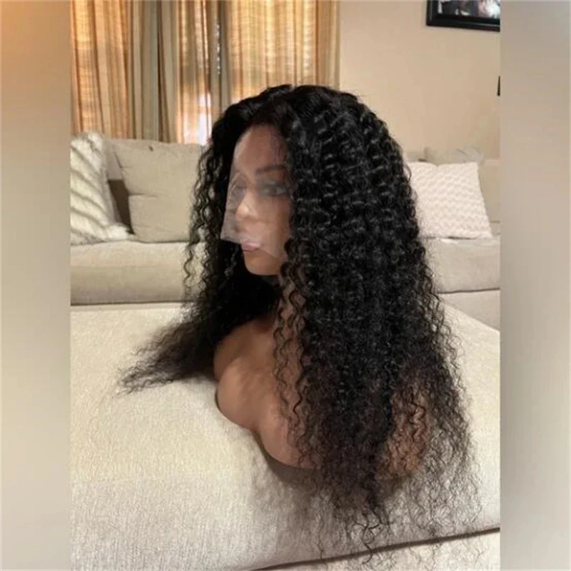 Peruca dianteira do laço encaracolado Kinky natural para mulheres negras, pré-arrancadas, cabelo do bebê, laço frontal perucas, 180 densidade, 26"