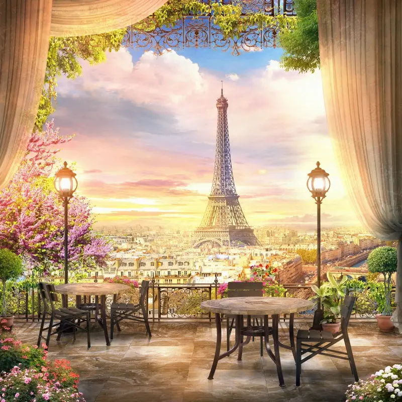 

Spring Eiffel Tower Curtain Flower City Landscape Backdrop Wedding Portrait Photography Background For Photo Studio Shoot Props