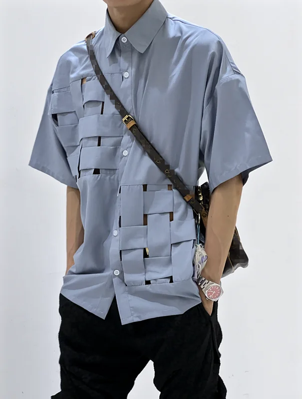 2023 Design sense gray blue hollowed-out summer new shirt fashion blouse vintage patchwork small shirt male and female coup