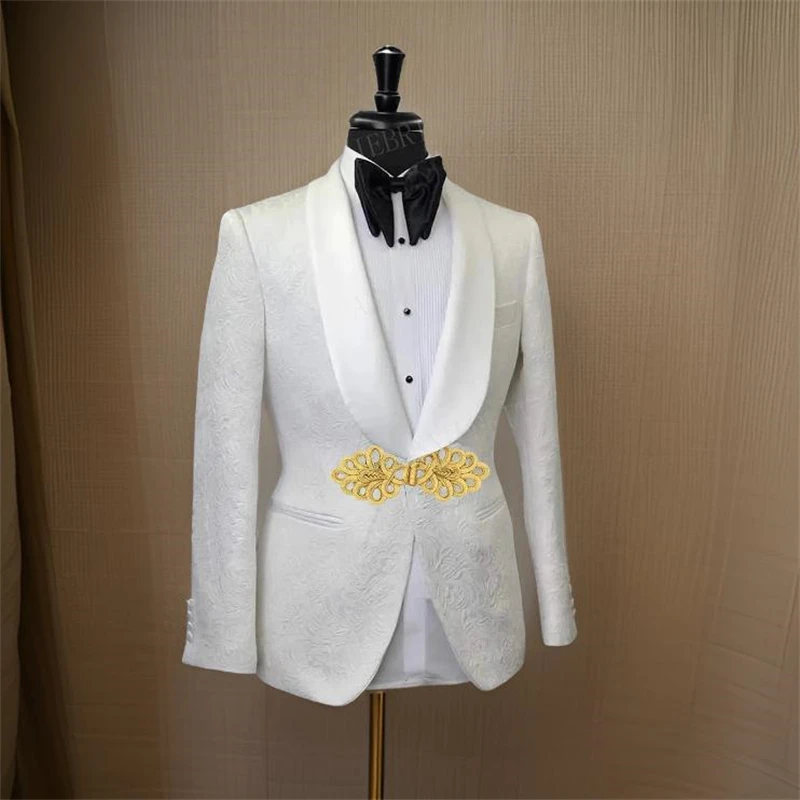 Floral Men Suit Jacket with Gold Mandarin Button 1 Pc Wedding Tuxedo Blazer Shawl Lapel Slim Fit Fashion African Style Male Suit