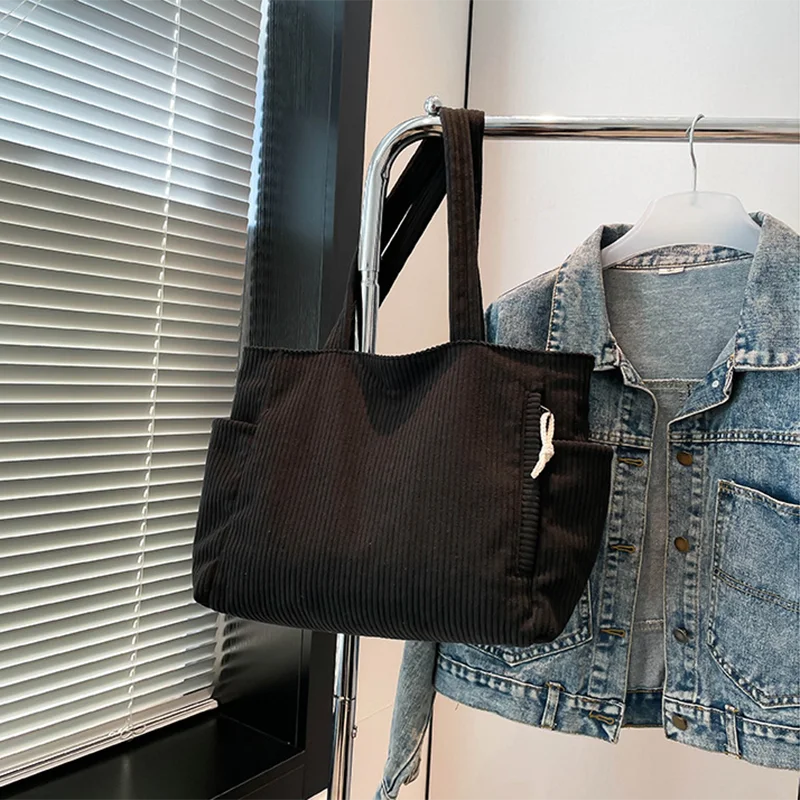 

Large Corduroy Tote Bag for Women Everyday Shoulder Bag with Pockets and Zipper for Work Travel Vacation