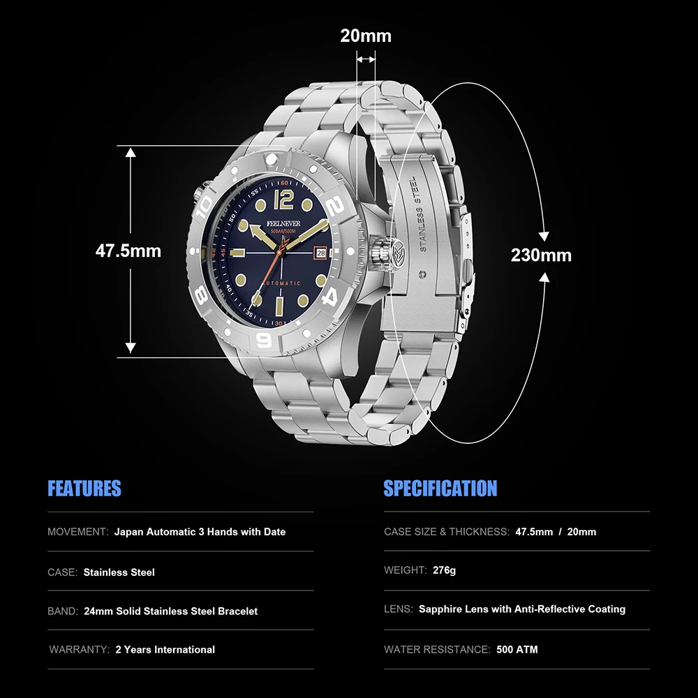 Sports Automatic Watch Men 500M Diver Watch Luxury Mechanical Wristwatches 47mm Super Luminous Sapphire Crystal Clocks FEELNEVER