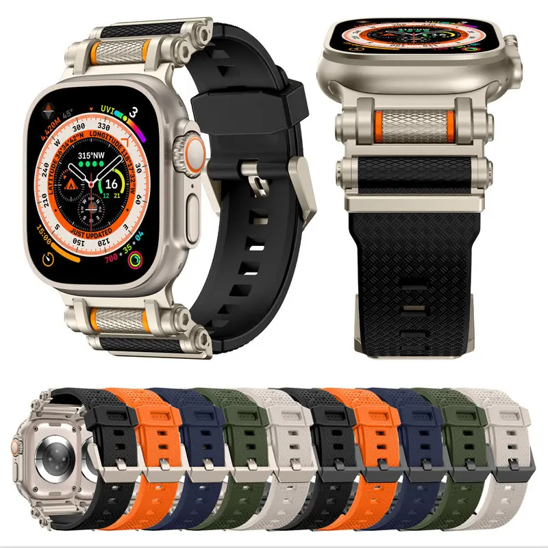 Silicone Strap For Apple Watch Ultra 2 Band 49mm Rugged Metal+Rubber Bracelet iWatch Series 10 9 6 3 7 8 SE Bands 44mm 45mm 46mm