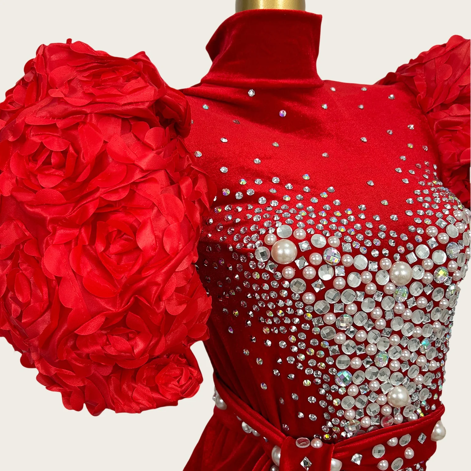 Sirong glitzerndes Kristallperlen-Samtkleid für Damen, formelles langes Kleid mit Puffärmeln und Kronenhandschuhen, Club-Abschlussball, Party, Queen Couture