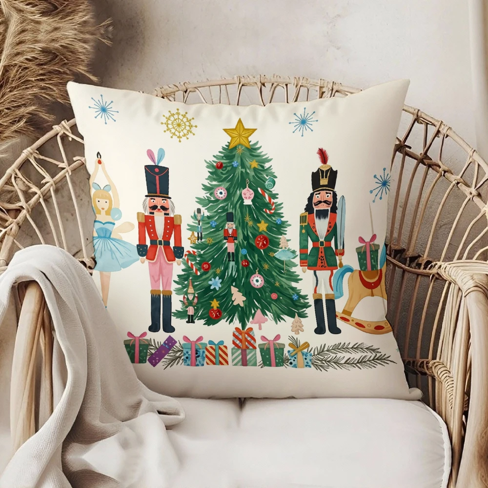 Square Throw Pillow Case White Christmas Tree Nutcracker Soldier Ballerina Gift Box Snowflake Print For Living Room Sofa Bedroom