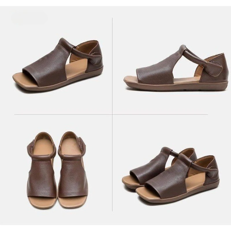 New Summer Women's Retro Handmade soft flat bottom round head Sandals fashion Open Toe T-Strap Comfortable Sandals Plus Size43