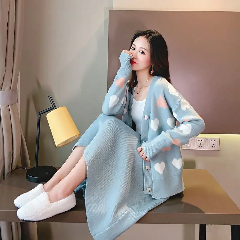 

Autumn Woman Knitted Sweater Dress Female Above Knee Long Sleeve Stripe Knit Midi-length Ladies Loose Two Pieces Set G569