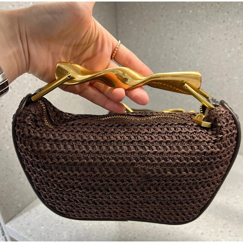 

Gold Handle Brand Handwoven Handbag Exquisite High-end Leather Bow Design Purse Brown Zipper Casual Fashion Luxury Shoulder Bag