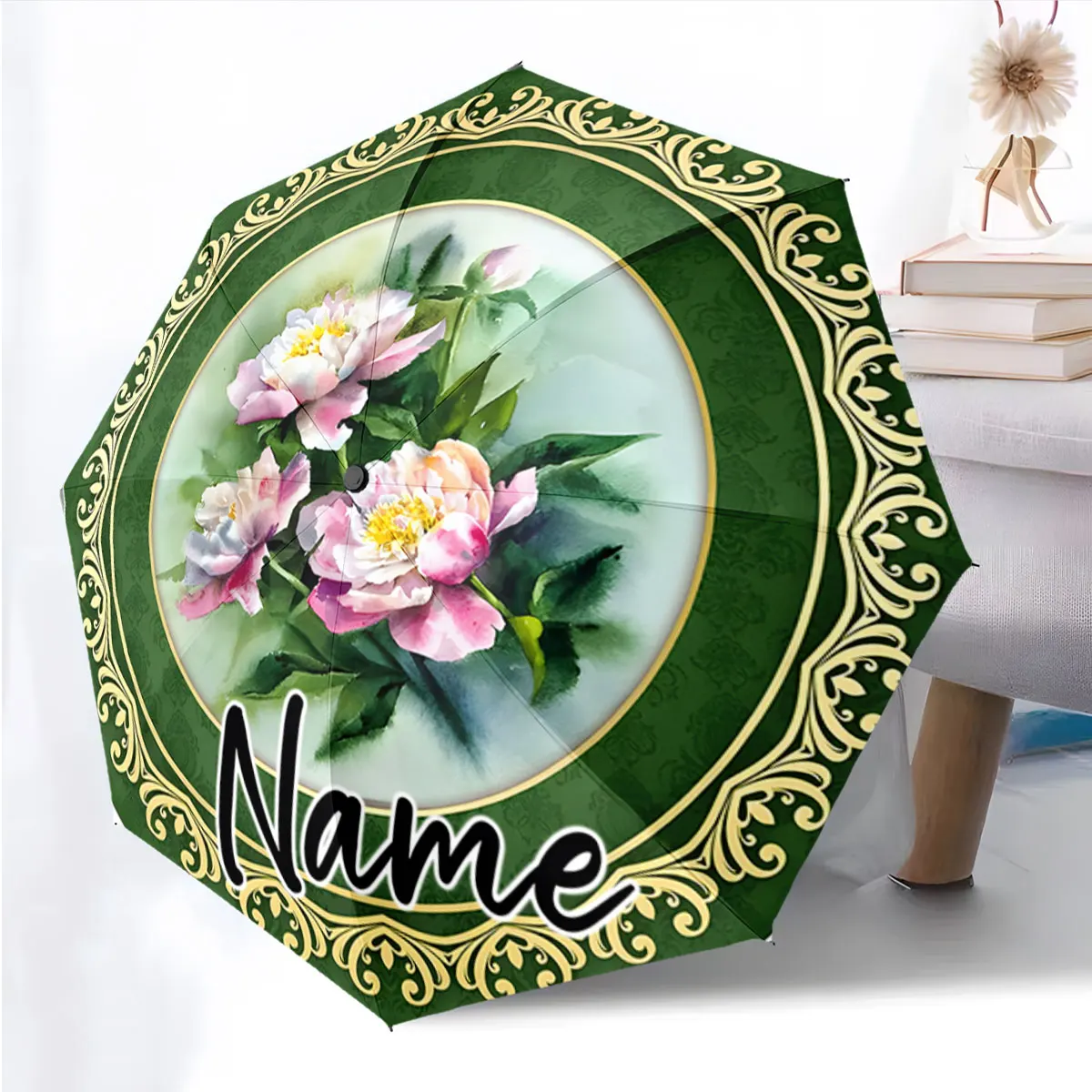 Custom Name Elegant Floral Design Umbrella with a Green Border Print 8 Iron Ribs Folding Umbrella Auto-Open Fashion Sunshade