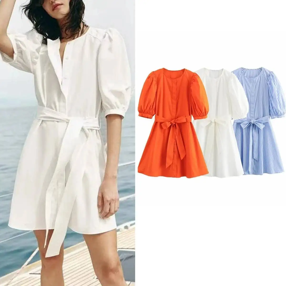 

Casual Solid Cotton Blend Lace-Up Women's Puffy Sleeve Button Short New 2025 Summer Fasion Vacation Dress