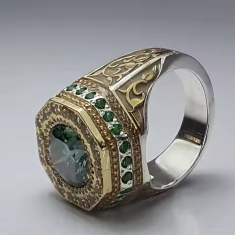 Vintage Luxury Men Rings Silver Color Round Green Stones Rings Wedding Engagement Party Bridal Ring Jewelry