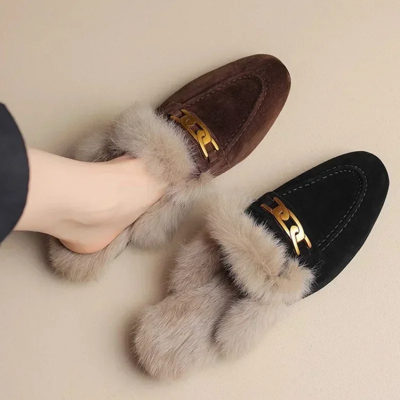 

Winter Women Suede Warm Fur Slippers Brand Luxury Mules Flats Shoes for women Short Plush Designer Cotton Shoes zapatos de mujer