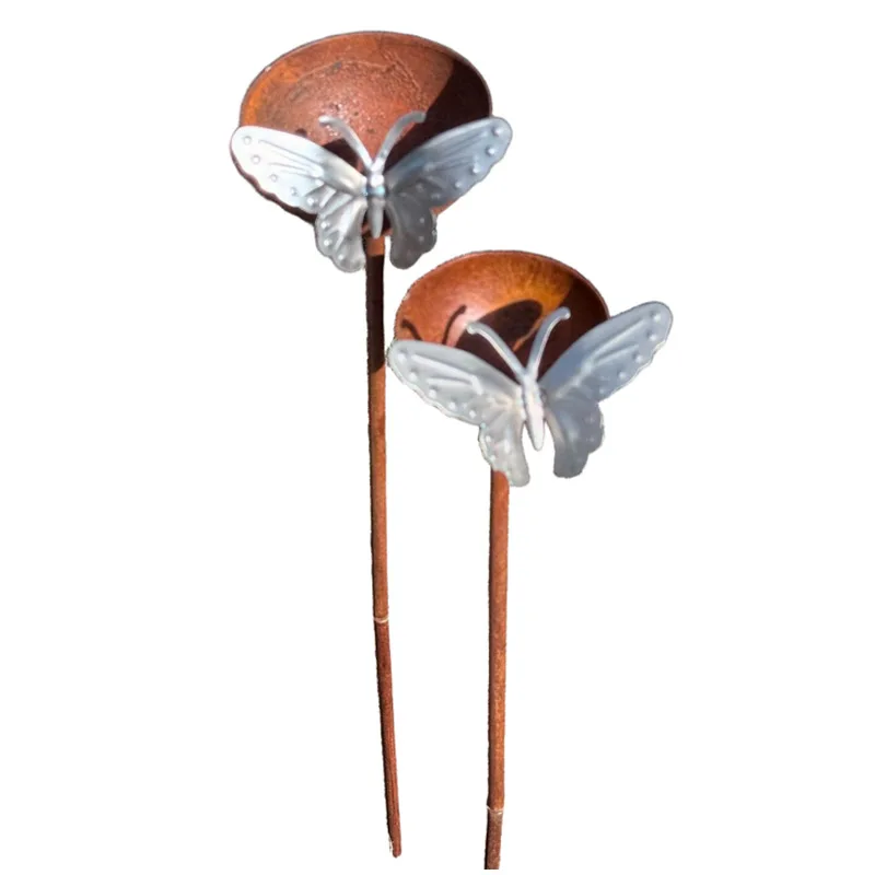 Bowl Metal Bird Bath Rusted Vintage Iron Garden Rain Catcher Garden Stake Decorative Bird Water Dispenser Courtyard Decor Stakes