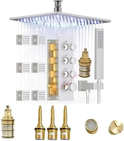 

Luxury 16-Inch LED Rainfall Shower Head System Brass 4-Handle Valve Satin Nickel Finish Full Set Backup Spray Pattern