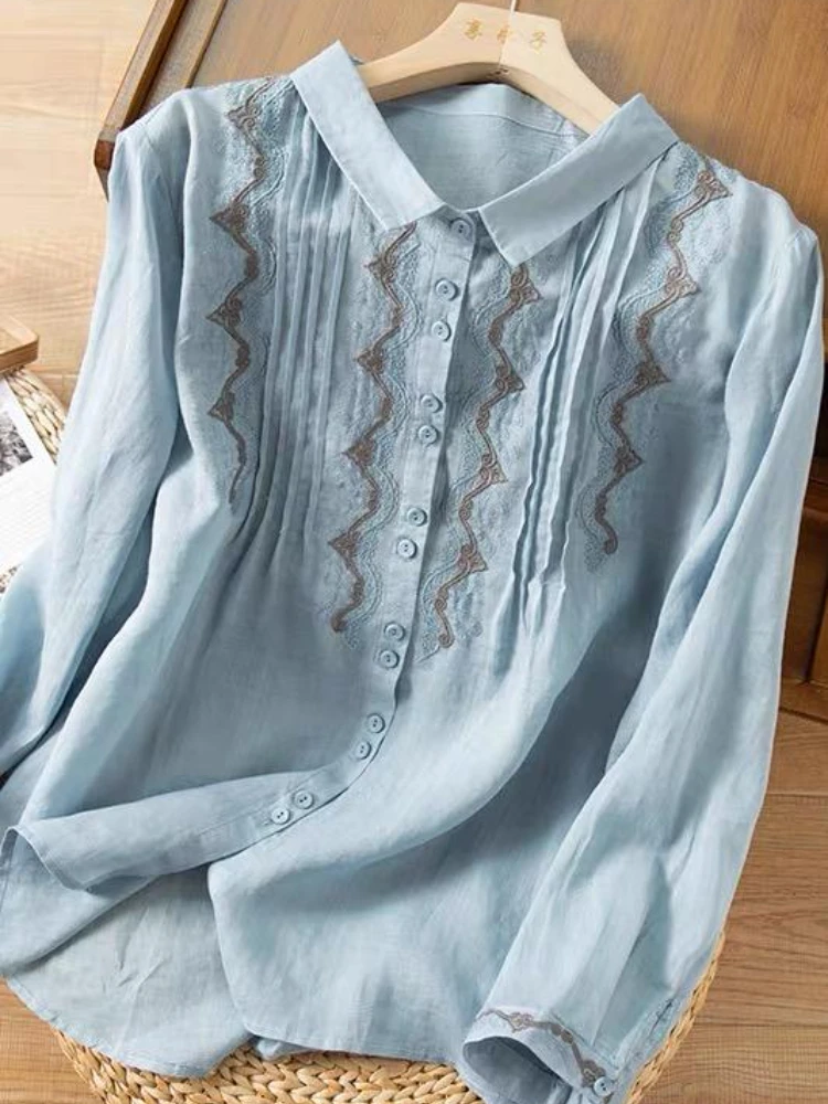 Cotton Linen Shirt for Women Summer 2023 New In Embroidery Vintage Blouses Loose Long Sleeve Top Turn-down Collar