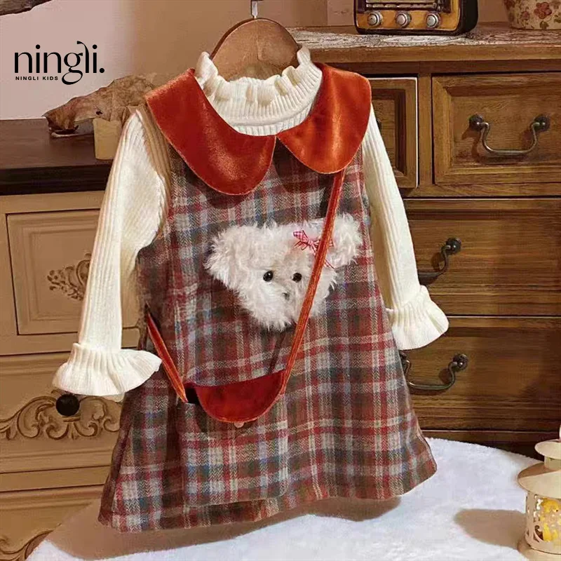 Girls' Velvet Padded Dress Autumn and Winter New Children's Fashionable Retro Vest Tartan Skirt Baby Girl Princess Dress