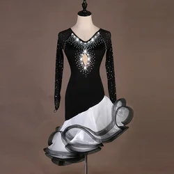 Standard Latin Dance Dress Female Rhinestone Black Long-Sleeved competition Dresses Lady Ballroom Performance Fish Bone Skirt