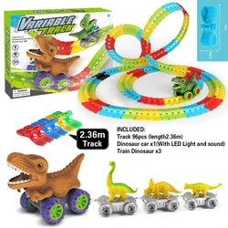 Dinosaur Track Cars For Boy Flexible Track with LED Light And sound-Up Race Car Set Anti-gravity Track Train Gift for Kid