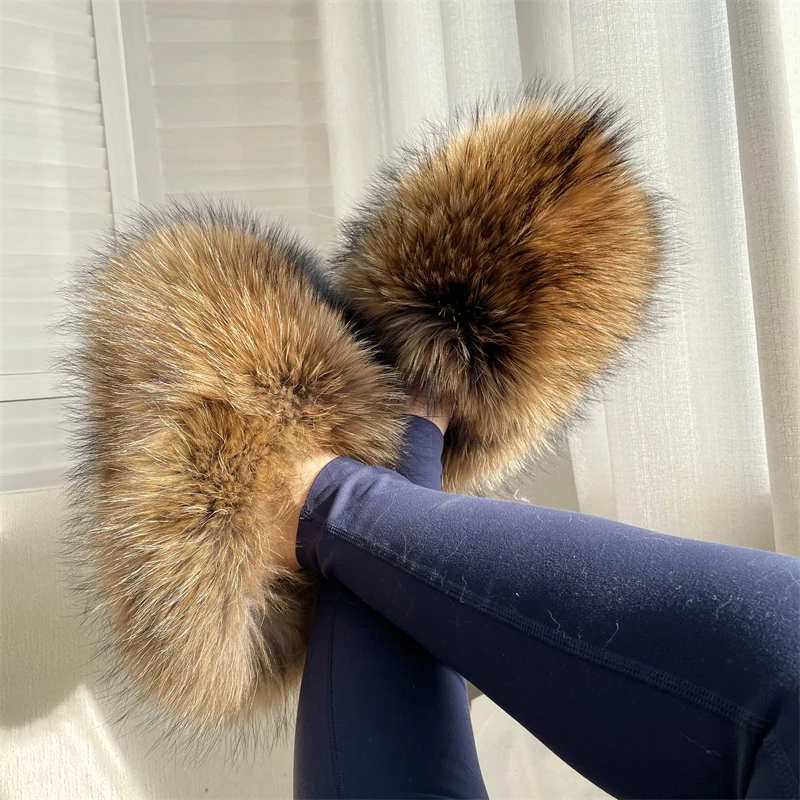 New Arrival Soft Luxury Brown Brown Big Size Raccoon Fur Slides Fox Fur Slippers