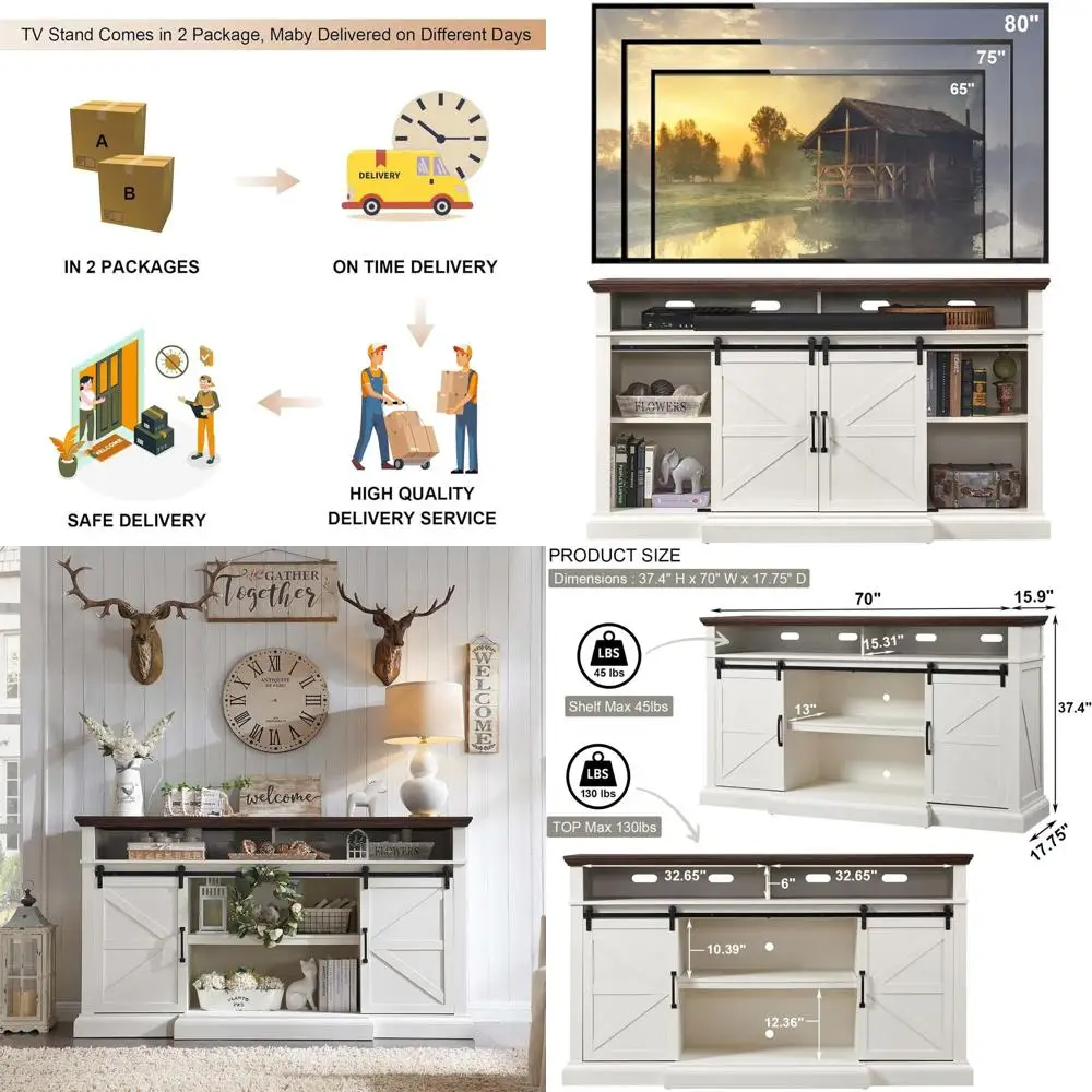 70 White Living Room TV Stand with Sliding Barn Door and Storage Cabinet for 80 TVs