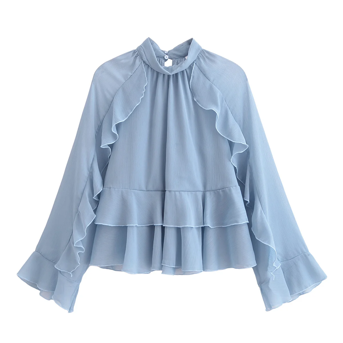 HH TRAF Women Fashion Layered Decorative Stand Collar Long-Sleeved Shirt Female Elegant Sexy Slightly See-Through 2-Color Shirt