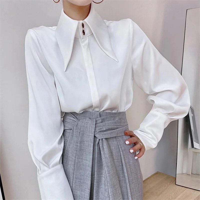 Luxury Design Thin Blouses Satin Shirts Pointed Collar Women\'s White Blouse Fashion 2023 Spring Tops Long Sleeve Blusas Mujer