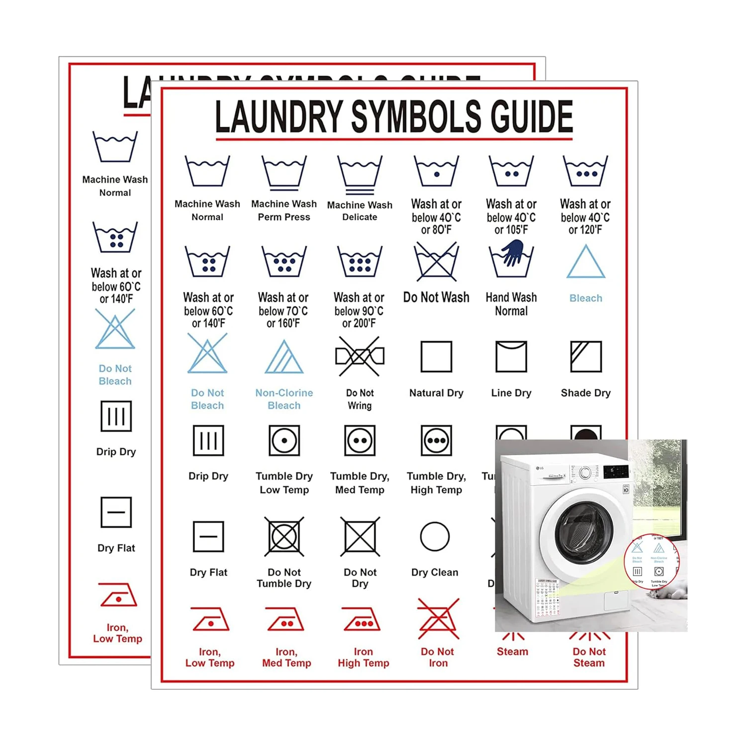 8 * 10 Inch Laundry Room Decor Laundry Symbols Guide Sign Laundry Rules Laundry Symbol Guide to Laundry Care Symbols 2pcs