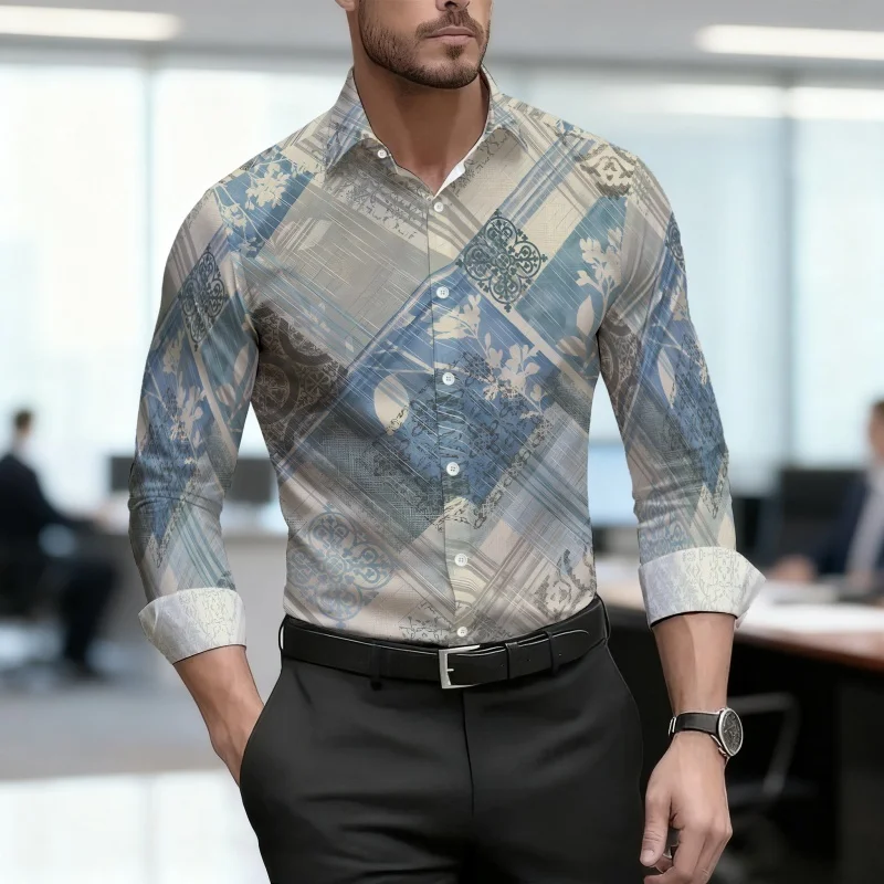 New men's Shirt With Contrasting Geometric Print  Slim Fit  Business Long Sleeved Shirt  Spring And Autumn Outdoor Casual Top