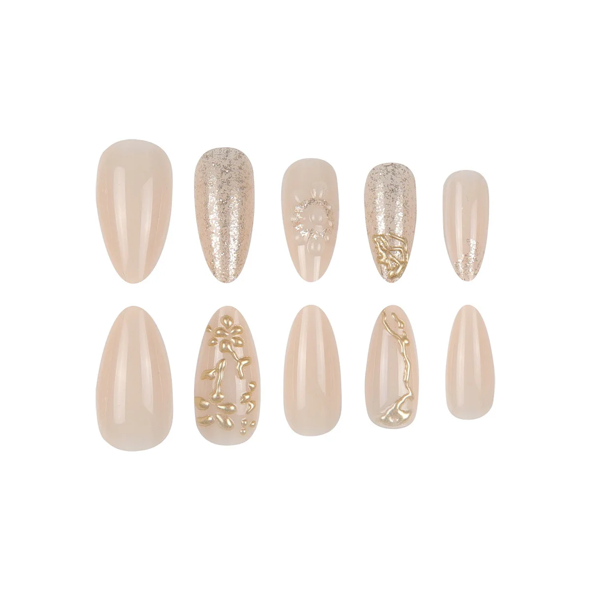 Faux ongles en amande avec colle, 24 pièces, motifs de fleurs 3D dorés, blanc, français, à pression, paillettes, pointes de manucure portables