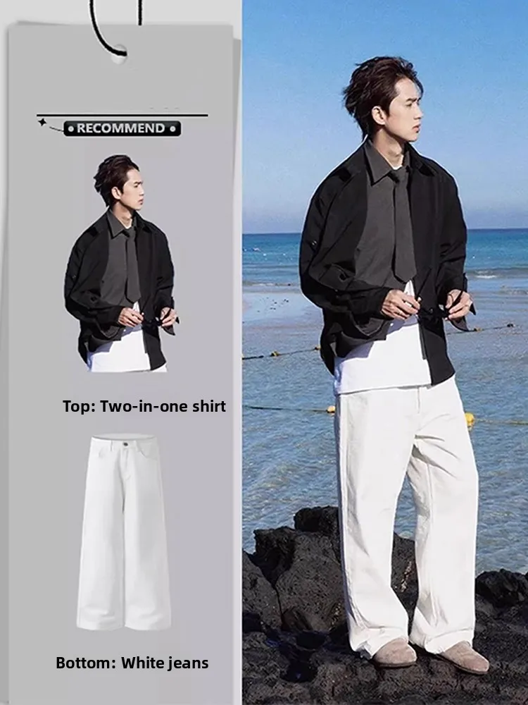 

Men's Faion irt Jaet Set Long Sve Tie Korean Sle High-End Feeling Cool Whole Set Autumn ular Clothing Ensemble