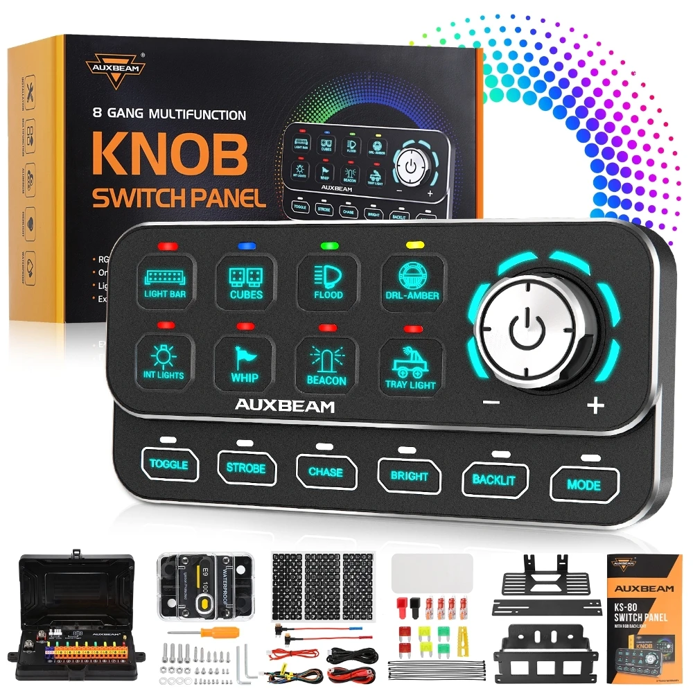 AUXBEAM KS-80 Wielofunkcyjny Panel Sterowania Oświetleniem RGB, Sterowanie Pokrętłem, Ściemnianie Światła, Efekt Dynamicznego Przynęcenia, 4 Tryby Oświetlenia