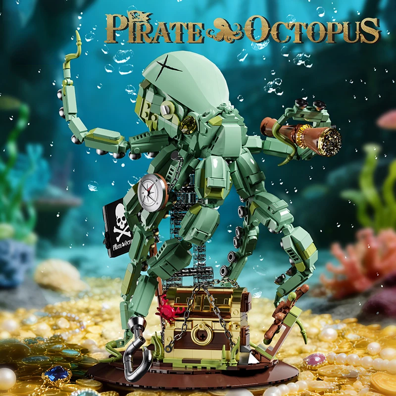 

1000+Pcs Deep Sea Treasure Guardians! High-Difficulty Assembly Octopus Building Blocks, Suitable for Both Gifting and Collection, Pirate Octopus Building Blocks, Pirate Octopus, Super Cool Assembly Toy for Ocean and Pi