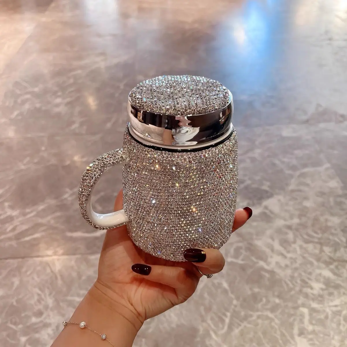 SCAONORCH Sparkling Rhinestones Coffee Mug Cup with Lid with Handle Bling Diamond Ceramic Tea Cup Tumbler Water Bottle Gifts