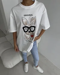 Hirsionsan Elegant Cartoon Printed T Shirt Women Summer Chic Casual Tees Cotton Jumper Clothes Oversized Pullover Female Tops