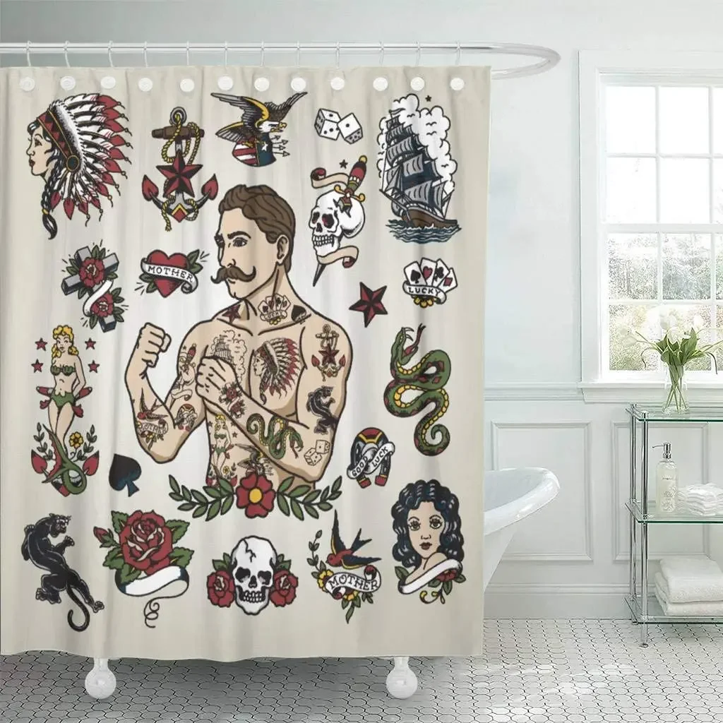 Fabric Shower Curtain By Ho Me Lili With Hooks Vintage Tattoo Flash Hipster Man Skull Heart Mermaid Snake Classic Bathroom Decor