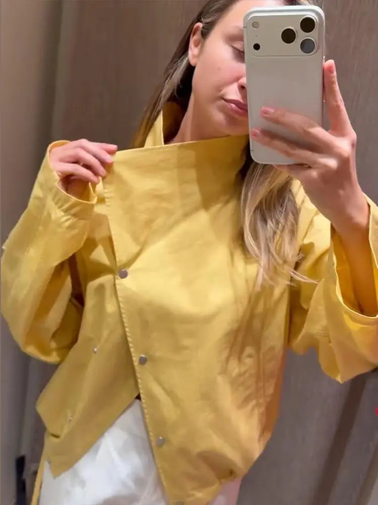 Stehkragen-Jacke mit Seitenverschluss und Kordelzug am Saum, Oversize-Jacke für Damen, Streetwear, Langarm, Einreihig, Lockerer Mantel, Neue Damen-Oberbekleidung – Detail 8